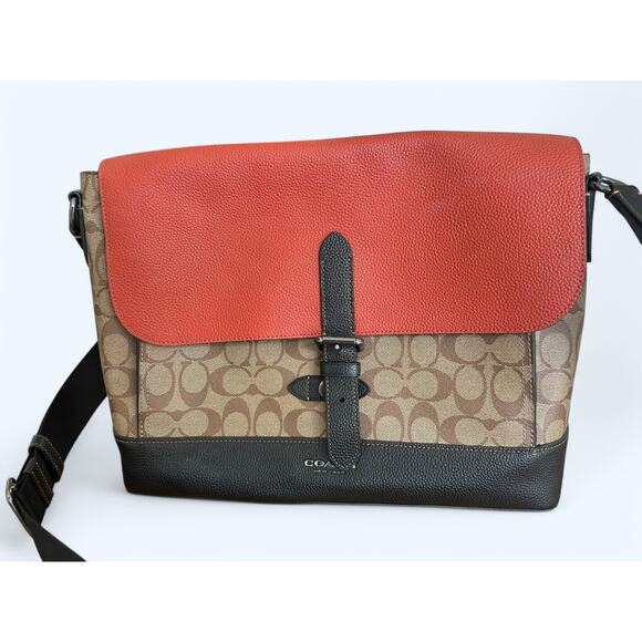 Coach Hudson Messenger Bag in Colorblock Terracotta Khaki Signature Leather - Picture 12 of 16